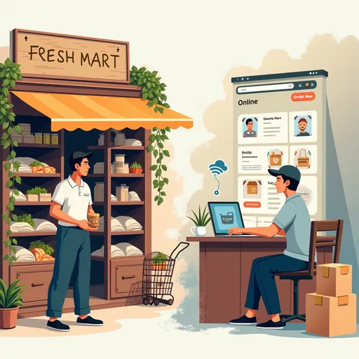Prompt: Left Side (Offline Store):

A man (shop owner) standing in front of a small, local grocery store.

Wooden shelves filled with fresh produce, rice sacks, and daily essentials.

A handwritten signboard with "Fresh Mart" or a similar name.

Paper billing, cash drawer visible.

Right Side (Online Store):

Same man now sitting at a desk with a laptop or tablet.

A website or mobile app interface on the screen showing an online grocery storefront.

Shopping cart icons, product listings, and “Order Now” buttons.

A modern logo or brand name.

Maybe boxes ready for delivery with a courier picking them up.

Background/Transition:

A digital transformation effect—like pixels or a fade—from left (offline) to right (online).

Icons like cloud, wifi, or smartphone connecting both sides.