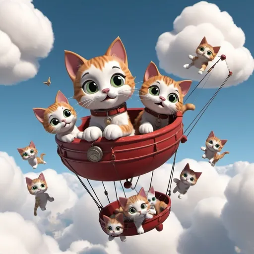 Prompt: can in the clouds and playing with kittens and flying with parashute 3D rendered cartoonist style