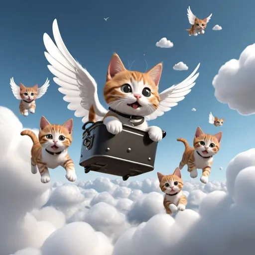 Prompt: can in the clouds and playing with kittens and flying with parashute 3D rendered cartoonist style