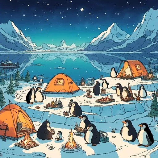 Prompt: <mymodel>(Penguins) camping on iceberg, majestic icy landscape, midnight blue sky with twinkling stars, glowing campfire illuminating the scene, tents made of durable fabric, penguins engaging in outdoor activities, vibrant cold color palette, arctic ambiance, serene and peaceful atmosphere, reflections on the ice, northern lights in the background, ultra-detailed, 4K rendering, cinematic lighting, intricately detailed penguin feathers, high definition.