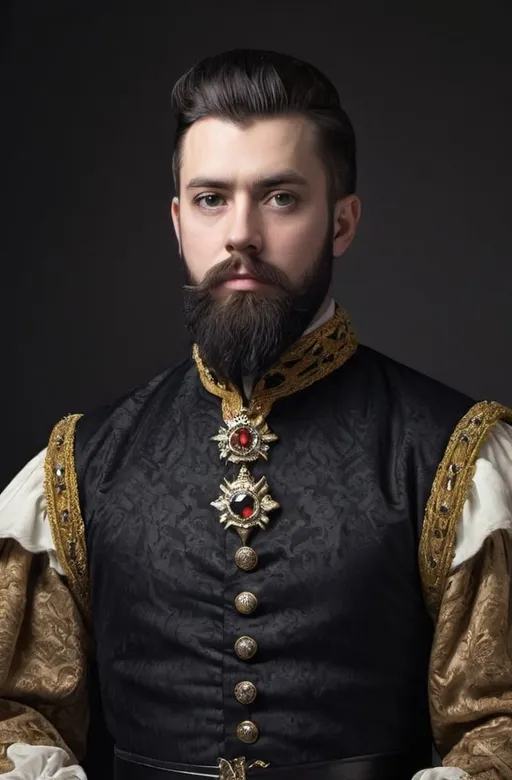 Prompt: make portrait like king from the victorian era with black hair and full beard using my own face 