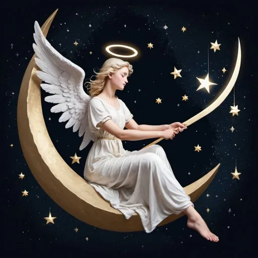 Prompt: angel sit half moon with a lance  nigh stars