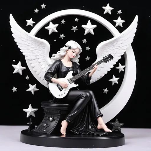 Prompt: nostalgic angel black air  sit half moon with nigh stars space nagel playing guitar