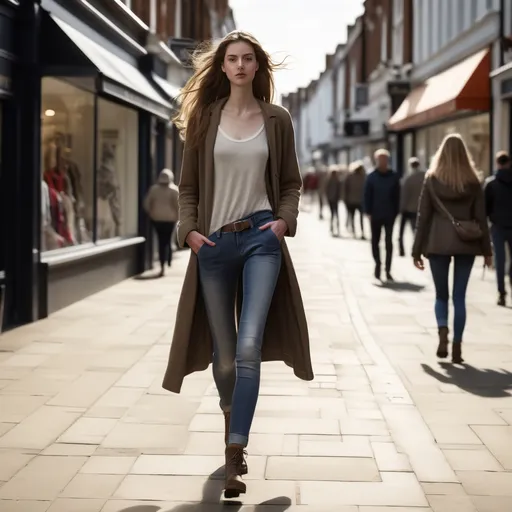 Prompt: Tall young woman walking down the high street, detailed clothing, realistic, natural lighting