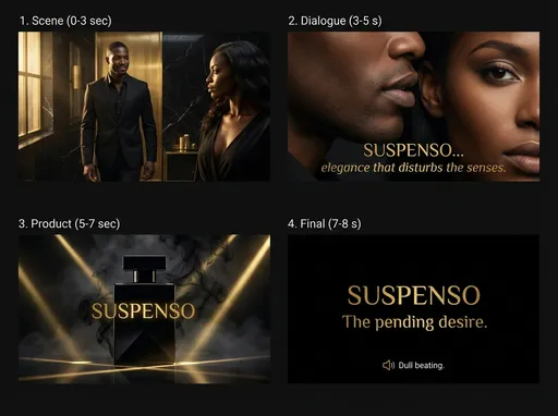Prompt: 🎬 PROMPT VIDÉO – PUBLICITÉ PARFUM « SUSPENSO » (8 SECONDES)

Style : Luxe extrême, audace, sensualité pure, cinématographique
Ambiance : Tension, désir, mystère, pouvoir
Qualité : 4K, ultra slow motion, éclairage noir & or, contraste élevé

Scène (0–3 s) :
Un décor ultra-luxueux nocturne : marbre noir, lumière dorée rasante.
Un homme africain élégant, costume noir profond, s’avance.
Il sourit légèrement — assuré, magnétique.
Une femme africaine sublime est face à lui, très proche.
Elle le regarde avec des yeux brûlants d’amour et de désir.

Dialogue (3–5 s) :
Plan serré sur les lèvres de l’homme.
Il murmure,en français voix grave et sensuelle :
👉 « SUSPENSO… l’élégance qui trouble les sens. »

Produit (5–7 s) :
Cut brutal.
La bouteille SUSPENSO surgit dans l’obscurité :
 • Flacon noir intense, design minimal
 • Reflets or tranchants
 • Fumée noire en suspension
Le nom SUSPENSO pulse brièvement à l’écran.

Final (7–8 s) :
Texte sec, impactant :
👉 SUSPENSO
👉 Le désir en suspens.

Noir total. Battement sourd.