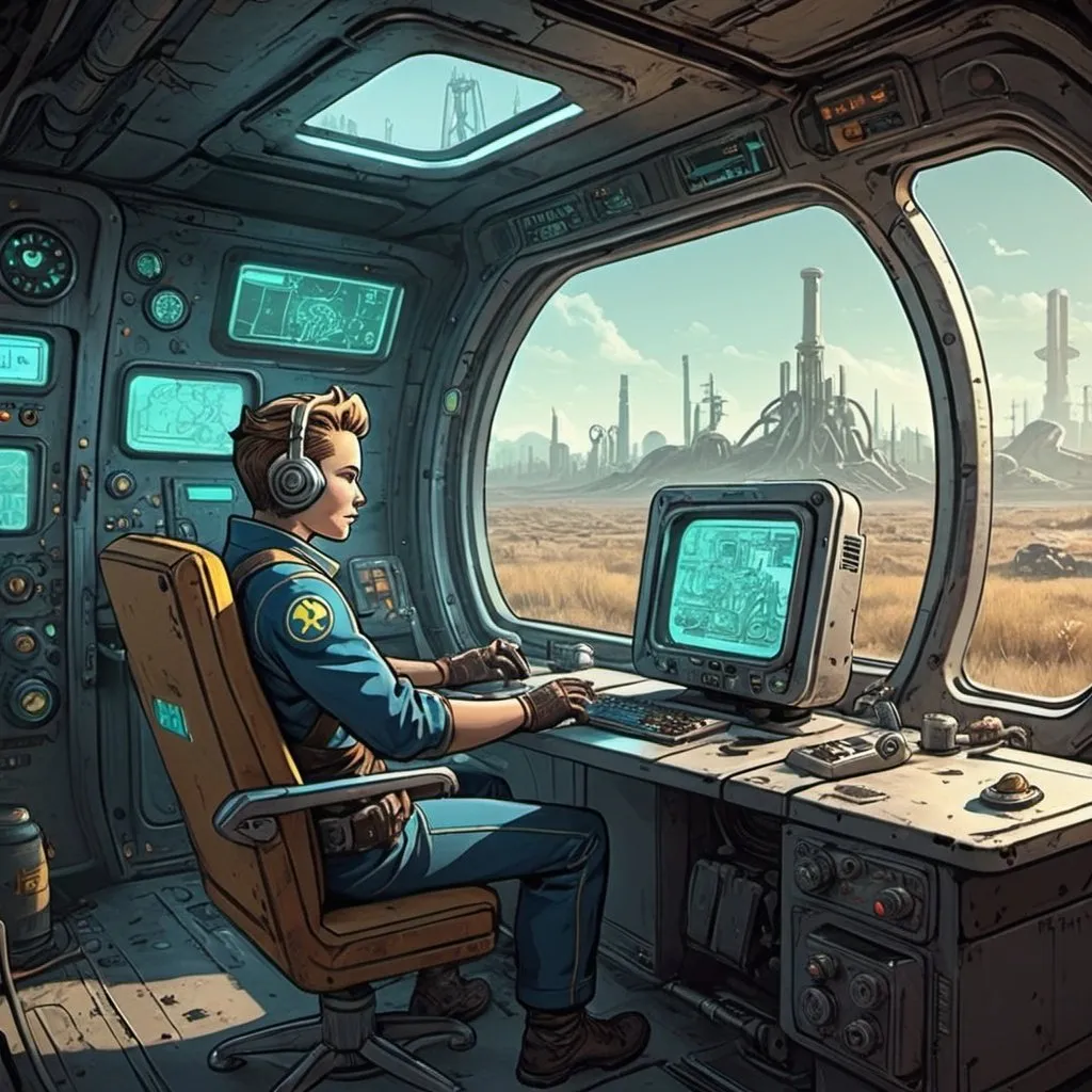 Prompt: create an illustration in a futuristic style (consider also Fallout as a style reference) of a computer, comic and happy situation. Show the interface