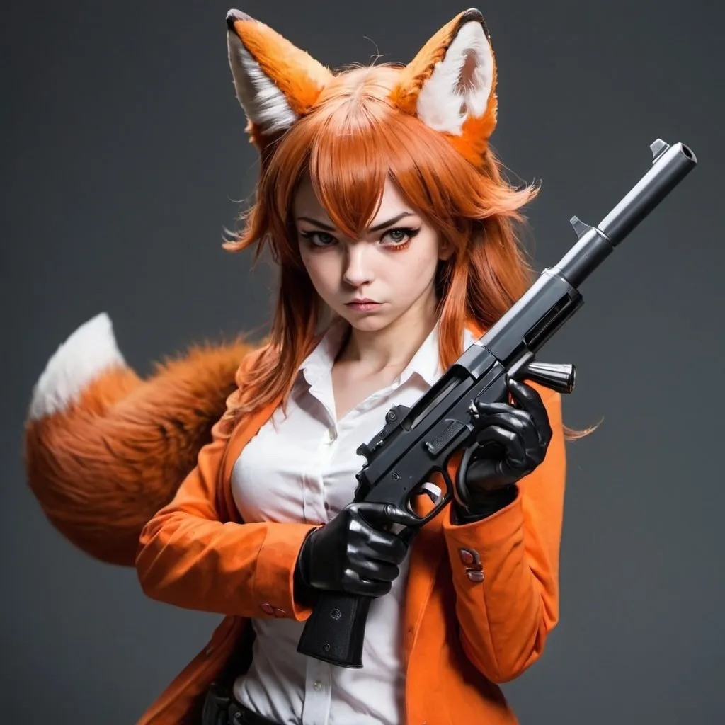 fox girl with a gun who looks mean