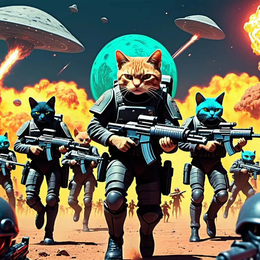 Prompt: Cat army marching into battle on a alien world with guns