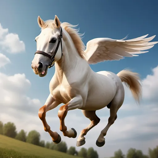 Prompt: Create a flying and smiling horse
