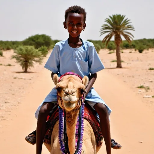 Prompt: A somali boy riding camel