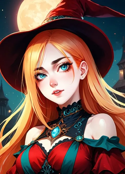 Prompt: Ultra-detailed anime illustration of an enchanting witch, bright red hair with blonde highlights, mesmerizing blue eyes, in a captivating high fantasy setting, adorned with intricate attire, exuding charismatic charm, in a vibrant red and teal outfit, vibrant colors, enchanting lighting, DND, high fantasy, young woman, female, anime, fantasy, witch, charisma