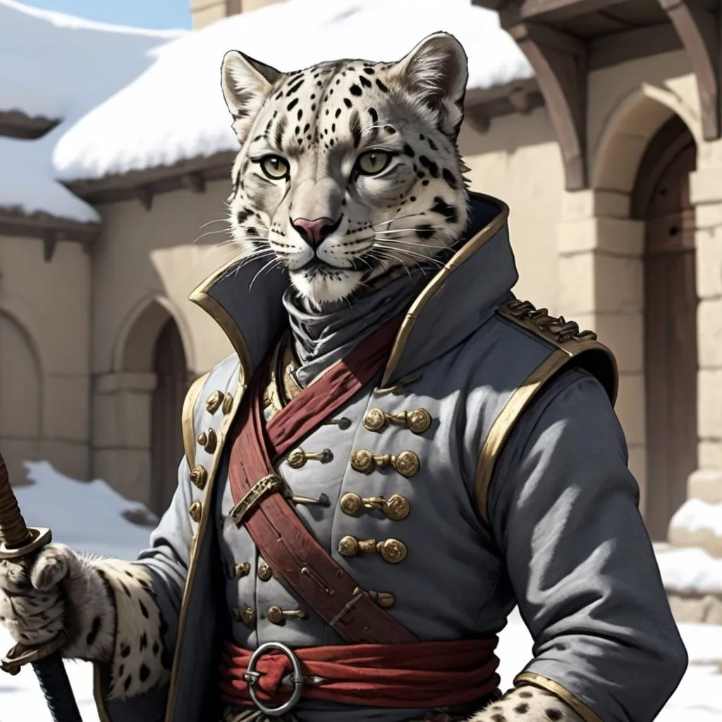 Prompt: Tabaxi swashbuckler smirking expression. Snow-leopard colouring/markings. Long coat holding a rapier and buckler. Palace background
