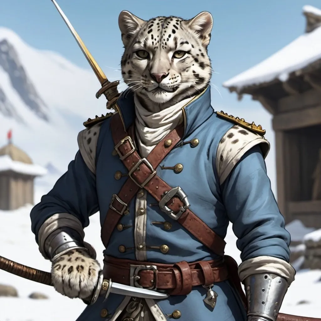 Prompt: Tabaxi swashbuckler smirking expression. Snow-leopard colouring/markings. Long coat holding a rapier and buckler. Battlefield background