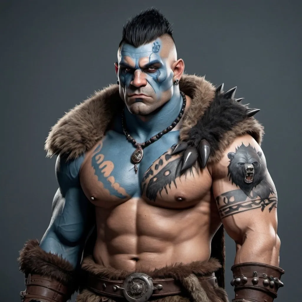 Prompt: Muscular Half-Orc Barbarian with black mohawk haircut and a huge bear tattoo on his right shoulder. Wears a bear-skin cloak dyed blue and a  necklace made from bear claws. 