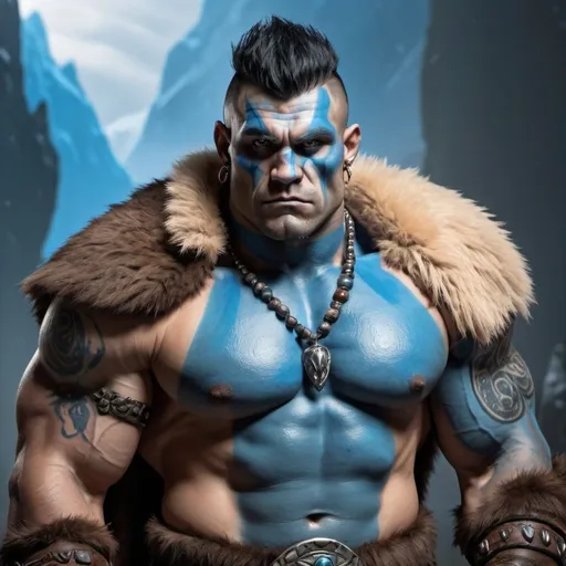 Prompt: Muscular Half-Orc Barbarian with black mohawk haircut and a huge bear tattoo on his right shoulder. Wears a bear-skin cloak and a bear-claw necklace. Huge blue spectral bear in the background