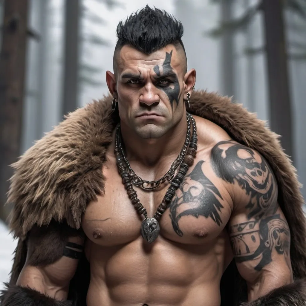 Prompt: Muscular Half-Orc Barbarian with black mohawk haircut and a huge bear tattoo on his right shoulder. Wears a bear-skin cloak and a bear-claw necklace. Huge spectral bear in the background