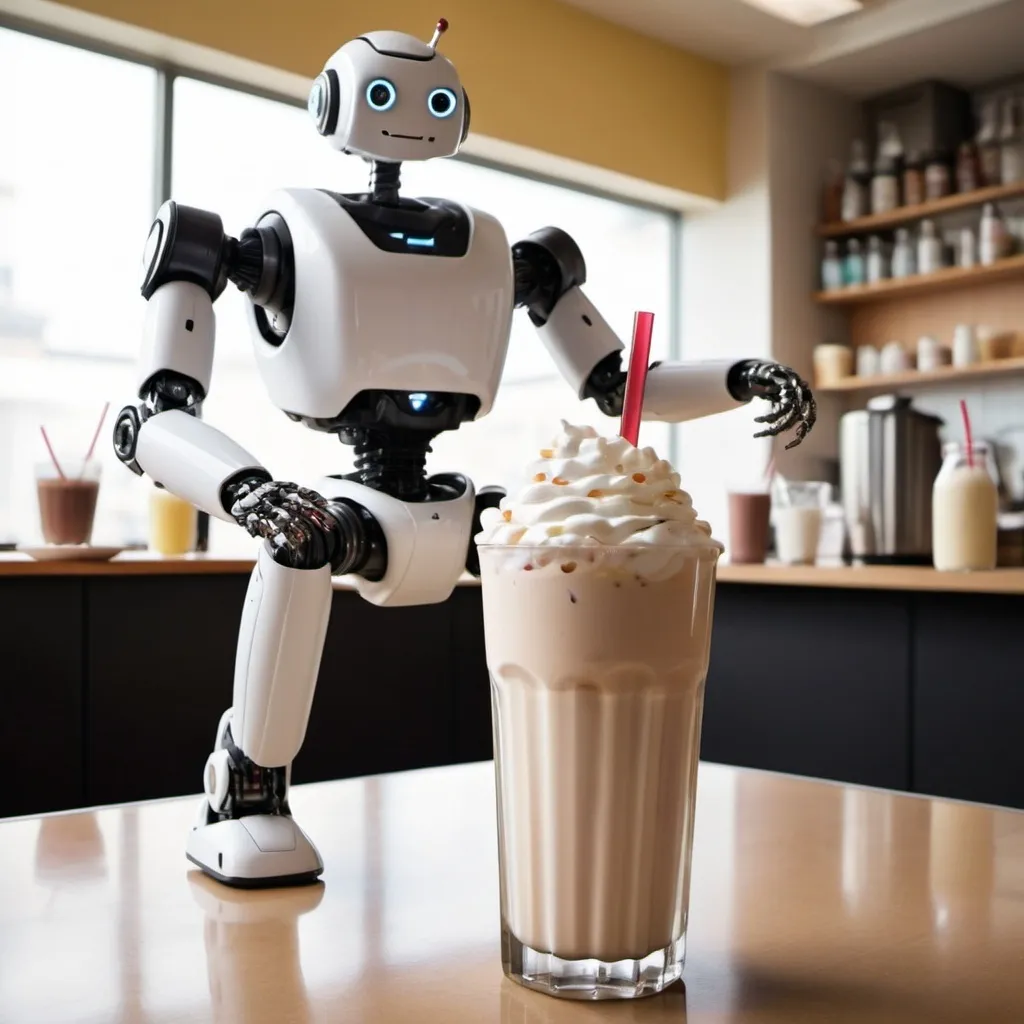 Prompt: a robot jumping into a milkshake