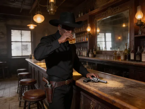 Prompt: @UVv3E7WwlEEN8jHGGqwZ Is in an old 1900's western saloon.  He is drinking whisky at the bar.  He's wearing a nice all black cowboy outfit and big black cowboy hat.  He takes his pistol 6 shooter out its holster and puts it on the bar.