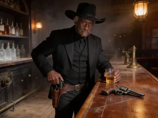 Prompt: @UVv3E7WwlEEN8jHGGqwZ Is in an old 1900's western saloon.  He is drinking whisky at the bar.  He's wearing a nice all black cowboy outfit and big black cowboy hat.  He takes his pistol 6 shooter out its holster and puts it on the bar.