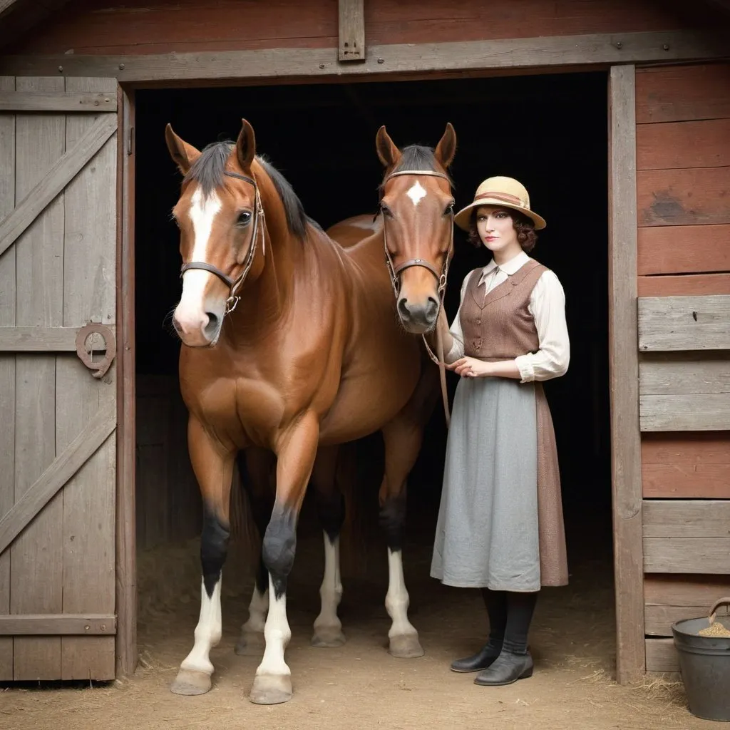 Prompt: the year is 1920
there are two people a man and a woman
they are in a horse stable