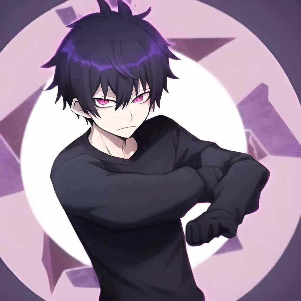 Prompt: anime style boy with an angular face, medium-long wolfcut hair that is dark brown, almost black, has almond colored eyes, the background is dark blue/purple and is wearing a black sweatshirt