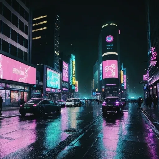 Prompt: A futuristic cityscape at night with towering skyscrapers that have neon lights and holographic advertisements in vibrant shades of blue, purple, and pink. The scene should capture a bustling street below with diverse pedestrians wearing cyberpunk-inspired clothing, some with high-tech accessories like augmented reality glasses and robotic limbs. Flying cars zoom between buildings, casting faint shadows on the wet street below, reflecting the neon lights from the surrounding signs. In the background, a massive digital clock counts down, surrounded by floating digital billboards displaying advertisements in foreign languages and animated graphics. The sky above is dark but filled with faint, glowing drone lights in various formations, suggesting high-tech surveillance. Fine details should show reflections on windows, subtle raindrops on the street, and soft fog diffusing some of the light, creating a rich, atmospheric look