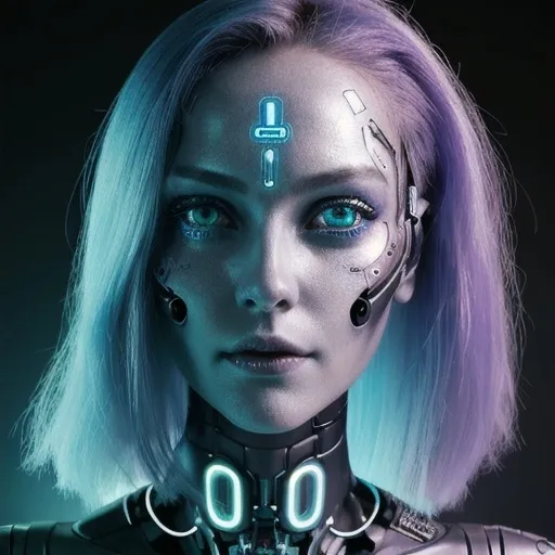 Prompt: A close-up portrait of a cybernetic woman with strikingly intricate facial features, blending human and machine. Her skin is a blend of soft, natural tones interwoven with metallic, chrome-like patches along her cheekbones, forehead, and neck. Delicate, glowing circuits trace patterns across her skin, especially around her eyes and temples, giving her a futuristic, otherworldly appearance. Her eyes are intense, with one being a vivid natural eye color (like emerald green or icy blue) and the other a mechanical, cybernetic eye with a faint glow, displaying tiny, rotating gears and microchips. She has short, sleek, neon-dyed hair that glows slightly at the tips, fading from a rich blue at the roots to bright purple ends. Intricate cyber tattoos trace along her neck and collarbone, subtly glowing in sync with her heartbeat. She wears a high-tech bodysuit with small, embedded lights and soft metallic reflections, and a transparent face shield that displays holographic data. The background is softly blurred, hinting at a high-tech lab or futuristic cityscape. Fine details capture subtle facial expressions, the texture of the metal, and reflections in her cybernetic eye.