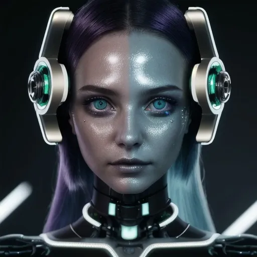 Prompt: A close-up portrait of a cybernetic woman with strikingly intricate facial features, blending human and machine. Her skin is a blend of soft, natural tones interwoven with metallic, chrome-like patches along her cheekbones, forehead, and neck. Delicate, glowing circuits trace patterns across her skin, especially around her eyes and temples, giving her a futuristic, otherworldly appearance. Her eyes are intense, with one being a vivid natural eye color (like emerald green or icy blue) and the other a mechanical, cybernetic eye with a faint glow, displaying tiny, rotating gears and microchips. She has short, sleek, neon-dyed hair that glows slightly at the tips, fading from a rich blue at the roots to bright purple ends. Intricate cyber tattoos trace along her neck and collarbone, subtly glowing in sync with her heartbeat. She wears a high-tech bodysuit with small, embedded lights and soft metallic reflections, and a transparent face shield that displays holographic data. The background is softly blurred, hinting at a high-tech lab or futuristic cityscape. Fine details capture subtle facial expressions, the texture of the metal, and reflections in her cybernetic eye.