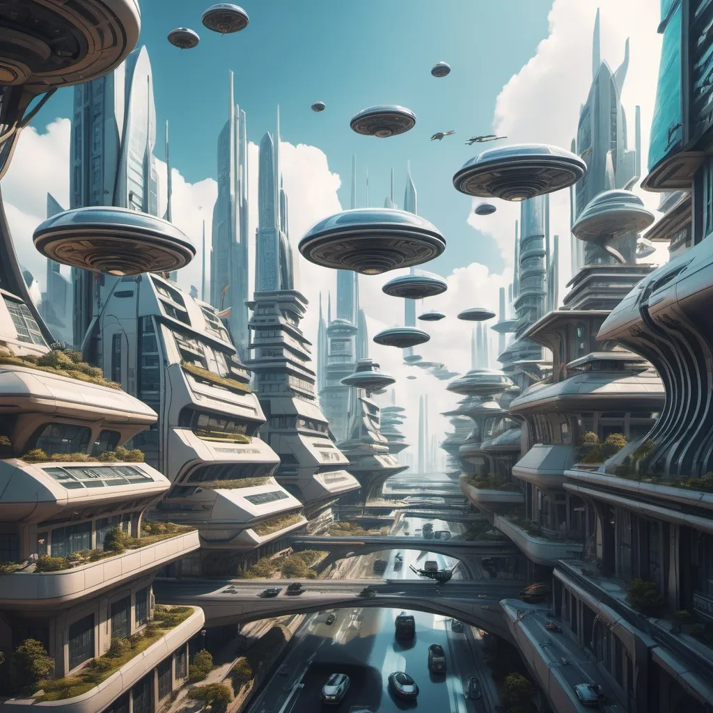 Prompt: une citée futuriste avec des engins volants de toutes sortes, avec des habitations avec mélange architecture de différentes époques humaines
