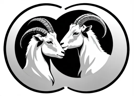 Prompt: Round Logo, two white goats profiles facing each other, fighting, black background 