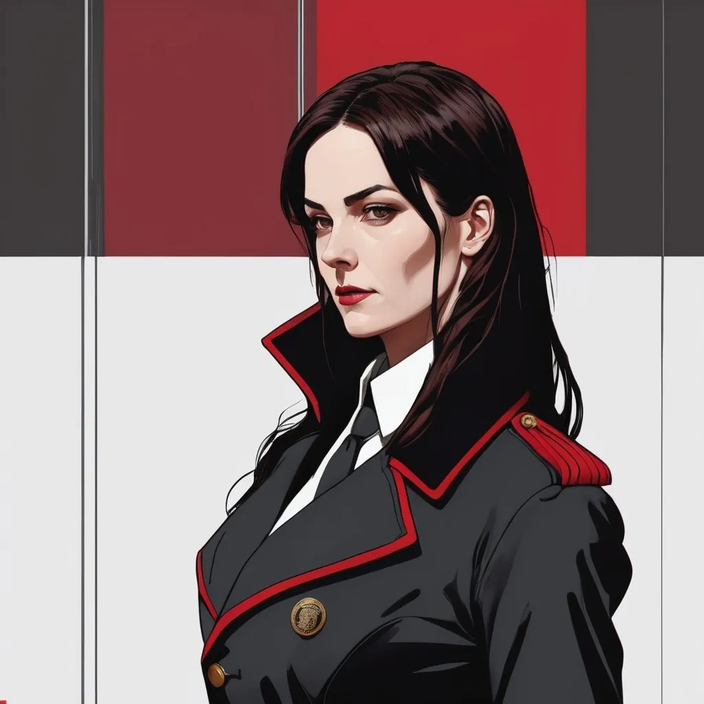 Prompt: female commissioner, long straight dark brown hair, black trench coat with red details