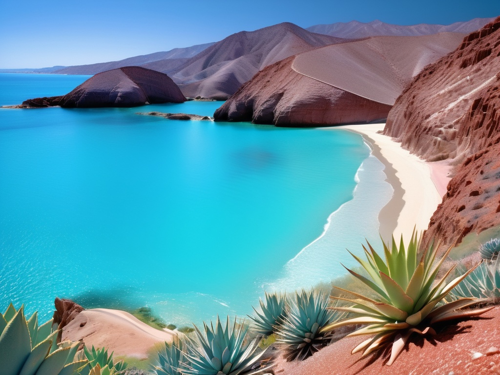 Prompt: Infrared photos A breathtaking coastal panorama unfolds, revealing a serene bay bordered by rugged hills beneath azure skies. Shimmering turquoise waters sparkle in the sunlight, drawing attention to the gentle curves of the shoreline, where soft white sand meets scattered rock formations. Lush green plants, likely succulent agaves, frame the foreground, adding depth and texture to the scene. The dry, earthy tones of the hills contrast beautifully with the vivid blue of the sea, creating a striking visual harmony that evokes tranquility and natural beauty. This picturesque setting evokes an atmosphere of relaxation and adventure, inviting exploration of an unspoiled coastline. with boats and a Moroccan flag