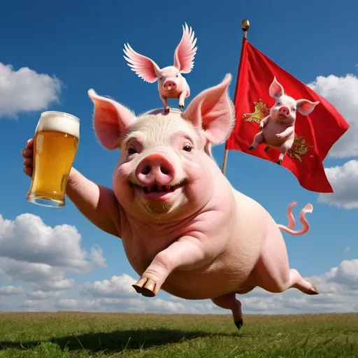 Prompt: Create a picture with a flying pig and the pig is drinking beer
The pig is very drunk and waves a red flag