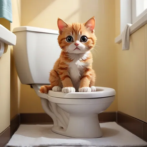 Prompt: Create an image of a cute cat sitting on the toilet