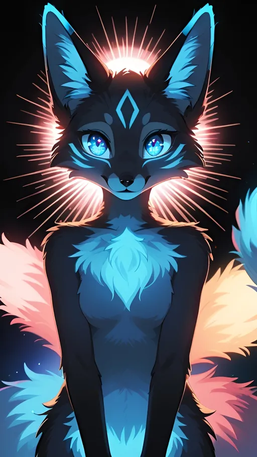 Prompt: (anthropomorphic female fox), black fur with grey (adorable pose), vibrant colors, cozy atmosphere, surrounded by colorful plushies, warm lighting, playful expressions, whimsical background with soft textures, highly detailed fur, sparkling eyes, engaging features, invite warmth and charm, ultra-detailed, high quality 4K.