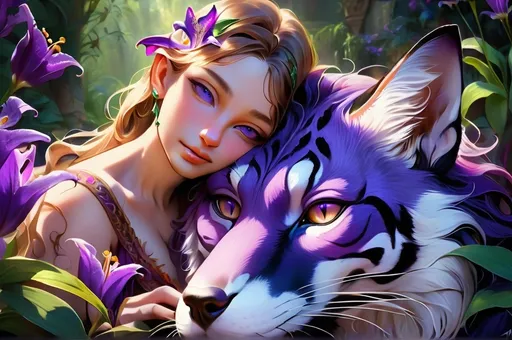 Prompt: (renaissance style), fantasy scene, detailed anthropomorphic fox, vibrant purple tiger lily, deep shadows, rich textures, pensive expression, atmospheric lighting, magical ambiance, evokes daydreaming essence, lush background, dramatic contrasts, high detail, ultra-detailed, elaborate patterns, soft overlays, mystical elements, intense colors.