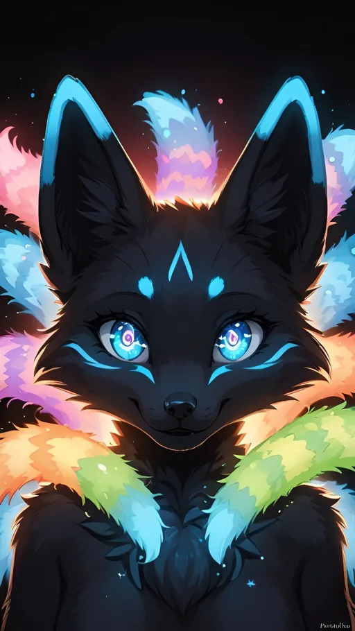 Prompt: (anthropomorphic female fox), black fur with grey (adorable pose), vibrant colors, cozy atmosphere, surrounded by colorful plushies, warm lighting, playful expressions, whimsical background with soft textures, highly detailed fur, sparkling eyes, engaging features, invite warmth and charm, ultra-detailed, high quality 4K.