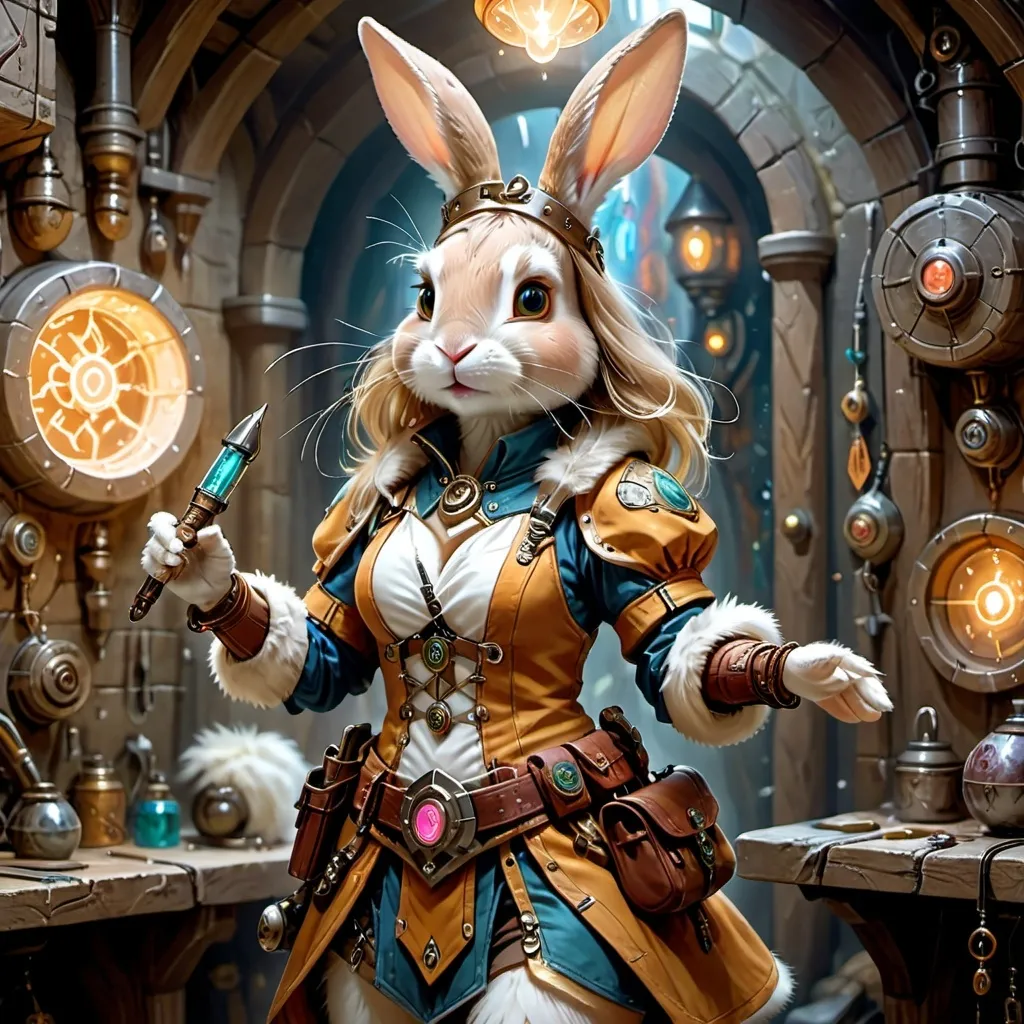 Prompt: A female anthropomorphic rabbit with a medium build as an Artificer from Dungeons and Dragons 5e. Her fur color is fawn and white