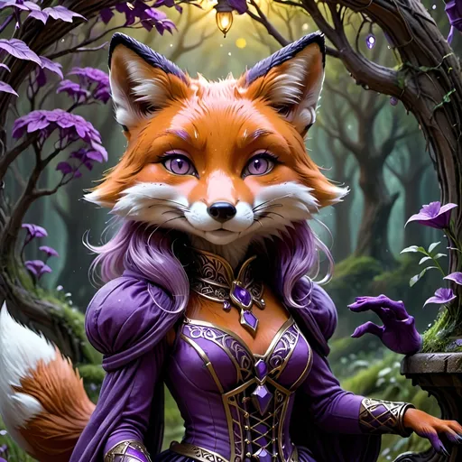 Prompt: fantasy scene, (detailed anthropomorphic female fox) with a (playful expression), (vibrant purple) hues, (deep shadows), (rich textures), (dramatic contrasts), (magical ambiance), (atmospheric lighting) evoking a sense of daydreaming, surrounded by a lush background with (mystical elements), intense colors, ultra-detailed composition, elaborate patterns creating high quality imagery, inspiring a whimsical, profound essence.