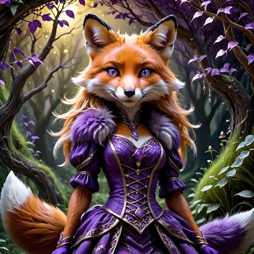 Prompt: fantasy scene, (detailed anthropomorphic female fox) with a (playful expression), (vibrant purple) hues, (deep shadows), (rich textures), (dramatic contrasts), (magical ambiance), (atmospheric lighting) evoking a sense of daydreaming, surrounded by a lush background with (mystical elements), intense colors, ultra-detailed composition, elaborate patterns creating high quality imagery, inspiring a whimsical, profound essence.