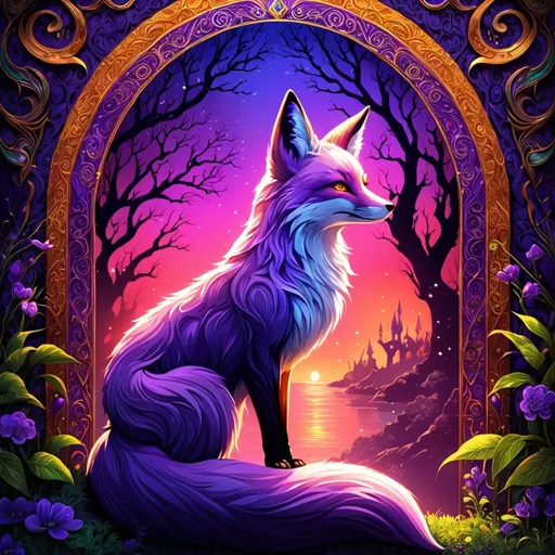 Prompt: fantasy scene, detailed anthropomorphic fox, vibrant purple, tiger lily, deep shadows, rich textures, lustful expression, atmospheric lighting, magical ambiance, evokes daydreaming essence, lush background, dramatic contrasts, high detail, ultra-detailed, elaborate patterns, soft overlays, mystical elements, intense colors.