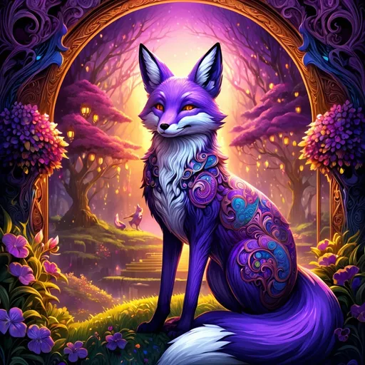 Prompt: fantasy scene, detailed anthropomorphic fox, vibrant purple, tiger lily, deep shadows, rich textures, lustful expression, atmospheric lighting, magical ambiance, evokes daydreaming essence, lush background, dramatic contrasts, high detail, ultra-detailed, elaborate patterns, soft overlays, mystical elements, intense colors.