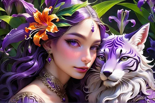 Prompt: (renaissance style), fantasy scene, detailed anthropomorphic fox, vibrant purple tiger lily, deep shadows, rich textures, pensive expression, atmospheric lighting, magical ambiance, evokes daydreaming essence, lush background, dramatic contrasts, high detail, ultra-detailed, elaborate patterns, soft overlays, mystical elements, intense colors.