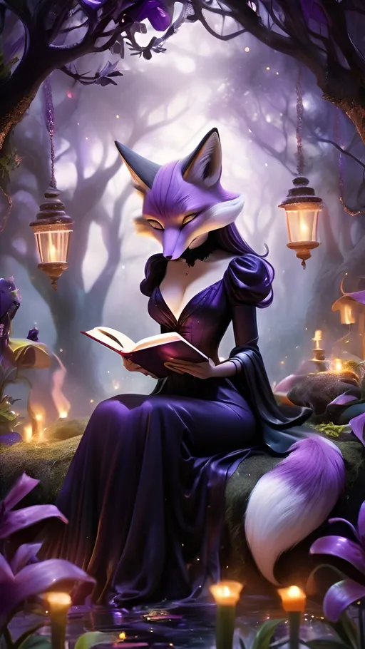 Prompt: (female anthropomorphic fox), reading a book, surrounded by (fantasy trees), (dark surrealism style), (mystical ambiance), (purple tiger lily), vibrant night scene, rich black and deep purple hues, dreamy atmosphere, whimsical elements, high detail, enchanting world, (ultra-detailed), captivating composition, (dreamlike quality), moody and introspective vibes.