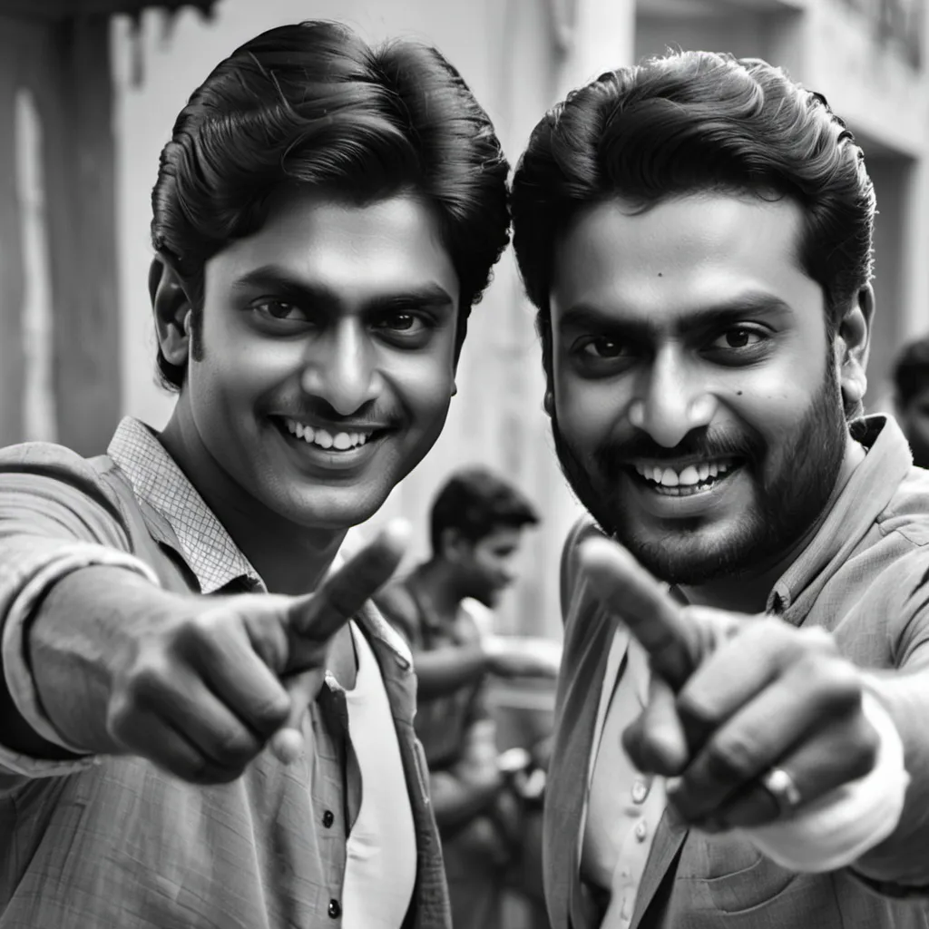 Prompt: two men smiling and pointing at the camera with a smile on their face and one pointing at the camera, Ella Guru, samikshavad, movie still frame, a photocopy