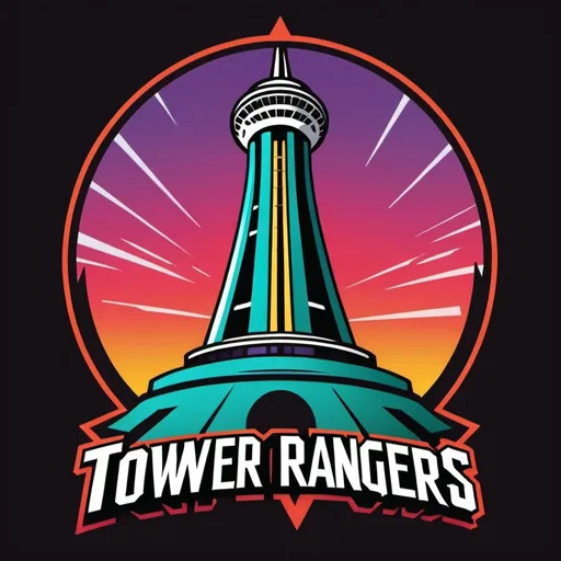 Prompt: South District Tower Rangers logo, bold and dynamic style, reminiscent of the Mighty Morphing Power Rangers logo, comic book style, vibrant and energetic color scheme, highly detailed, high quality, modern, dynamic, POWER RANGER colors, INLAID in the logo is THE SEATTLE SPACE NEEDLE, bold design, tower icon, professional, iconic, energetic, detailed textures, modern and comic style typography that says and spelled: "Tower Rangers"