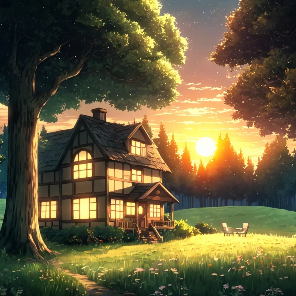 Prompt: Viral anime for 4k quality,, the cozy house and the house vintage style and side of one tree  the silent forest like peace and magical and the evening moment, the sun show down this seen beautiful and peace full