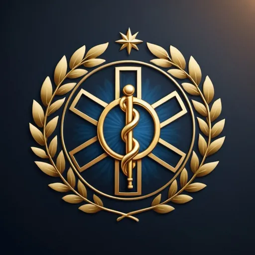 Prompt: Please create an original logo for my business AE Medical Services Ltd. I would like the logo to be based on the star of life emblem with a half laurel wreath surrounding it and have gold outline and gold writing