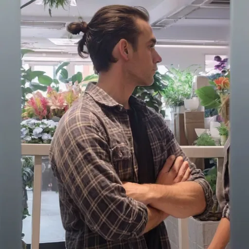 Prompt: In a modern indoor setting, a man stands thoughtfully with his arms crossed, exuding a relaxed yet contemplative demeanor. His hair is styled in a casual bun, and he wears a checkered flannel shirt over a black t-shirt, contributing to a laid-back vibe. Surrounding him are vibrant plants and floral displays, hinting at a well-decorated space, possibly a shopping mall or an atrium, characterized by bright lighting that highlights the greenery. The composition captures him in profile, allowing for a clear view of his focused expression as he gazes intently at something out of sight, suggesting an engaged conversation or an interesting observation amid the bustling environment.