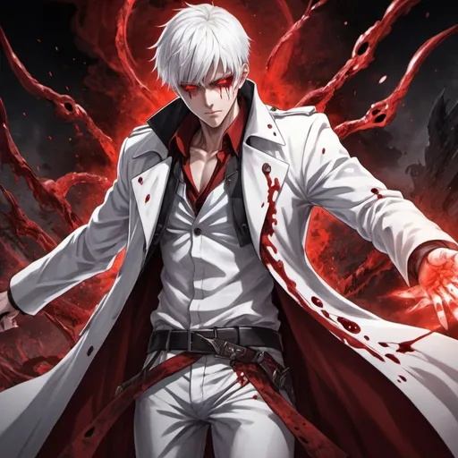 Prompt: a tall badass looking anime man with short white hair, wielding red magic, piercing red eyes, white coat outfit, blood on the outfit, anime style, high resolution, dramatic, chaotic background, detailed, hdr